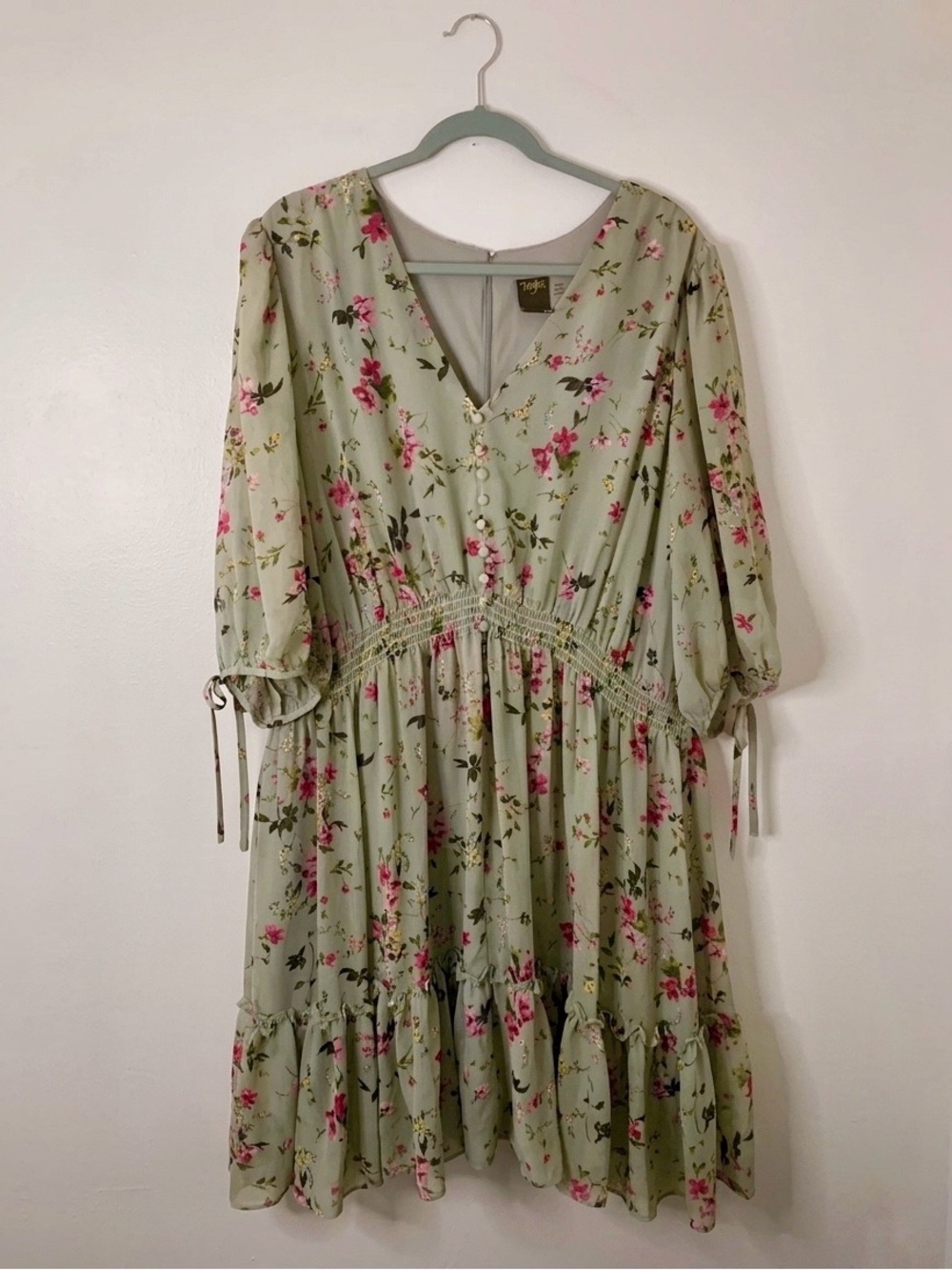 Taylor Sage Mint Green Floral Smocked Waist Tiered Midi Dress